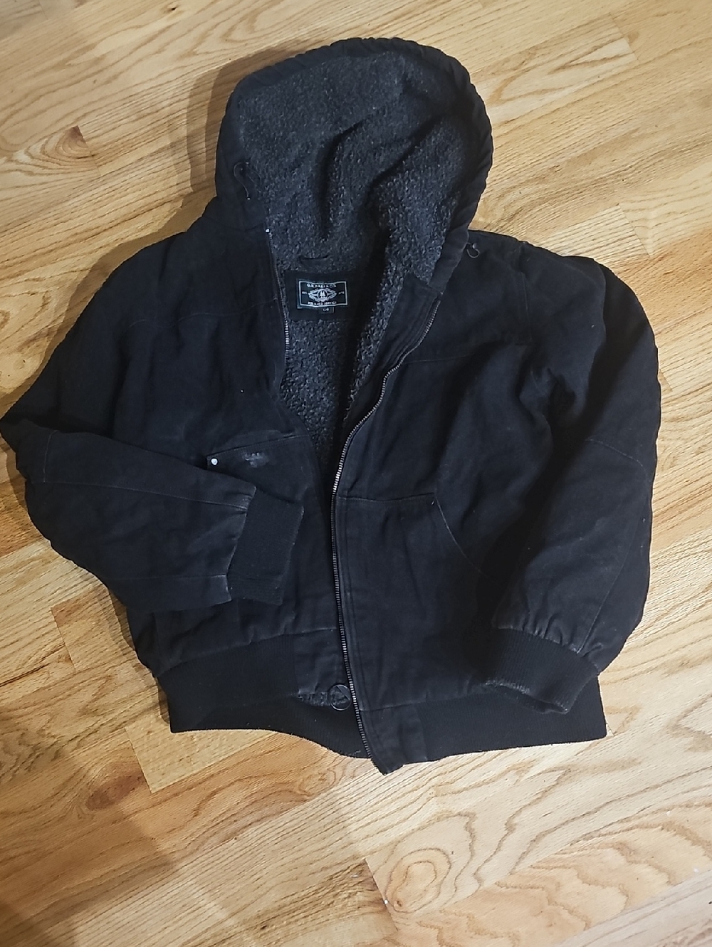 Super Nice Warm Fleece Lined Black Canvas Hooded Jacket Size L